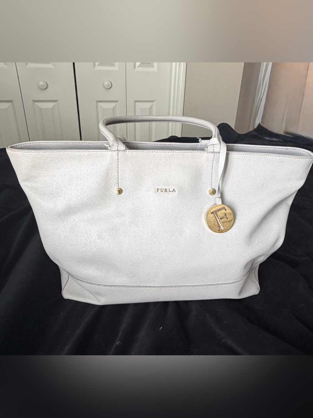 Furla silver/gray Leather Tote with Gold Medallion